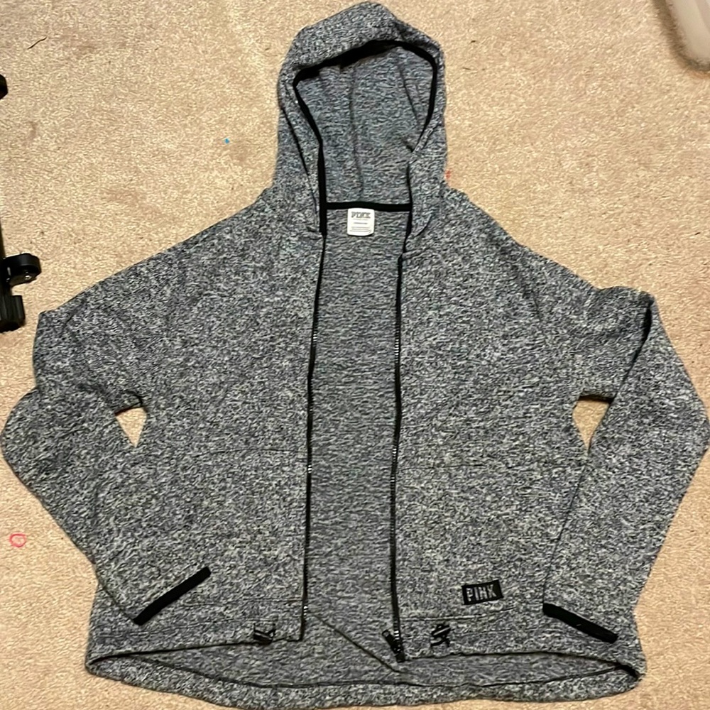 VS PINK Grey Marl Sweater Knit High-Low Hooded Full Zip Sweatshirt size Small